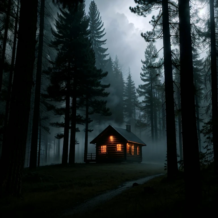 cinematographic frame, Cabin in the woods, heavy atmosphere , evening, volumetric fog, horror movie lighting