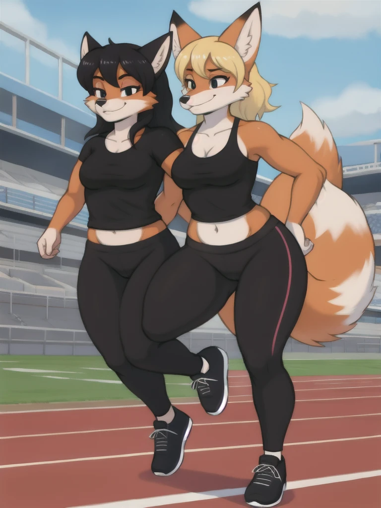 Furry, fox, female, black shirt, black leggings, shoes, running track, friends, full body