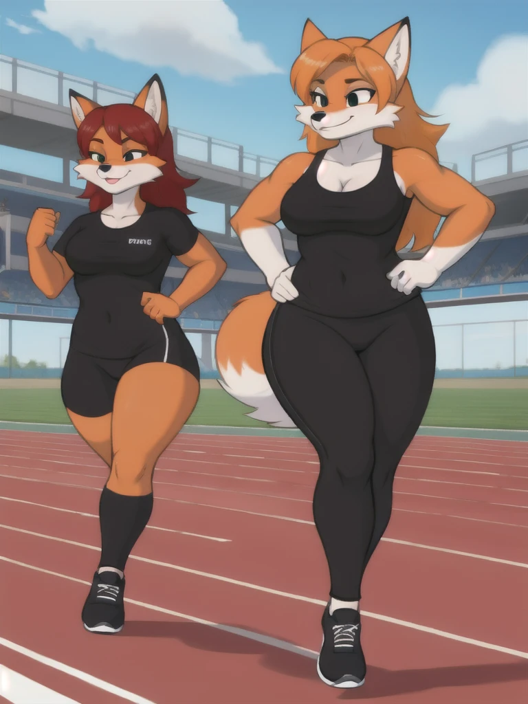 Furry, fox, female, black shirt, black leggings, shoes, running track, friends, full body