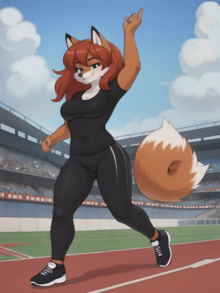 Furry, fox, female, black shirt, black leggings, shoes, running track, friends, full body