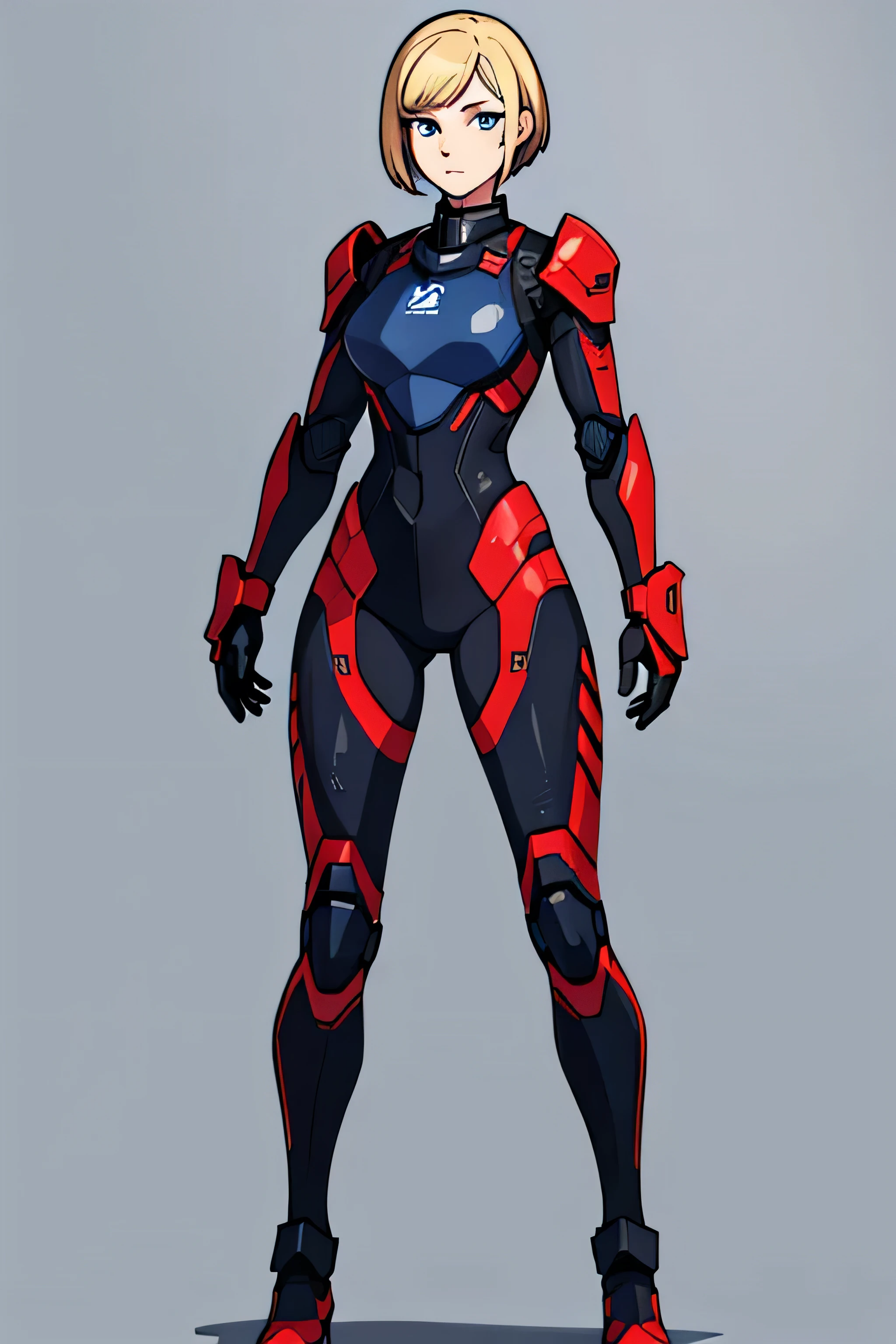 digital illustration of a young woman of 18 years old, she is very tall 1.81 height, with super short blonde hair in pageboy haircut style and blue intense eyes. She is wearing a technological military suit armor in full black and red details. The suit style is clean and detailed, with a focus on the character's confident and composed expression. full body large image