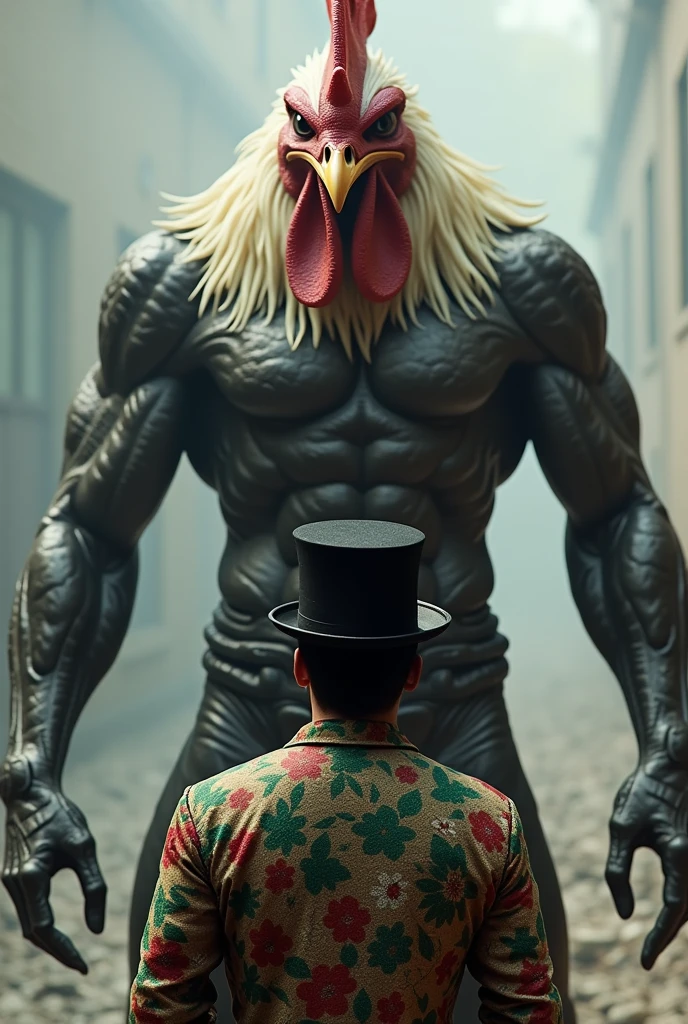 strong and avenging rooster on a human body wearing a black and white blouse staring at a man who is wearing a top hat and wearing a green red and white blouse