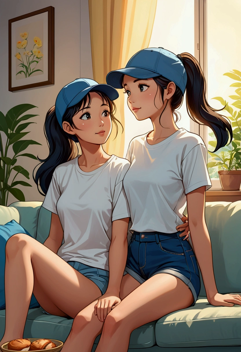 create an idyllic image in Anime/Comic style of two young women in love, sitting on a couch watching television, one is a beautiful Asian with long black hair tied in a ponytail and is wearing a petrol blue baseball cap, a white t-shirt and blue jean shorts, she is barefoot. Next to her is her love, a beautiful British woman with semi-short light brown hair who is dressed in a light colored short-sleeved t-shirt and light colored wide long pants, she is barefoot too, they are enjoying the moment together, relaxed, with lots of love and tenderness.