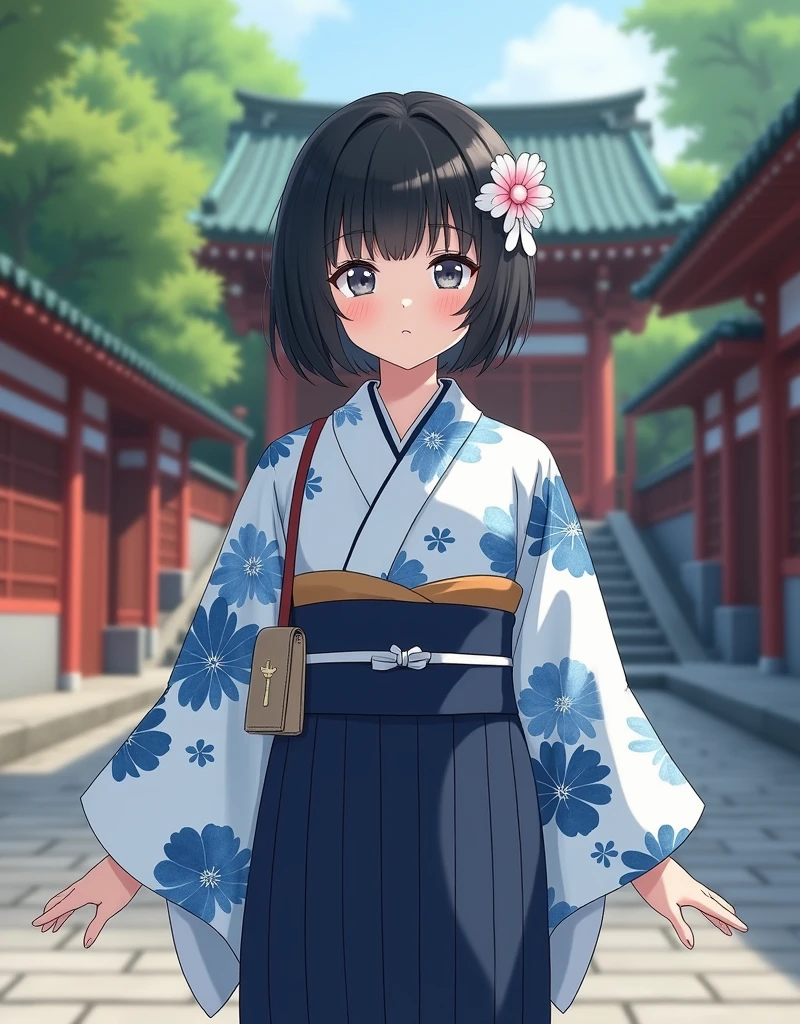 (RAW photo, best quality, masterpiece: 1.2), (photorealistic: 2), (Polish girl, 20 years old, black hair, Light grey eyes, short bob cut, hair in 7 thirds, hair over one ear, bangs, solo, Detailed Skin:1.1), Polish girl wearing a yukata with light navy blue watercolor floral pattern on a white background, navy blue obi, flower hair accessory, small drawstring bag, daytime, standing on the steps leading to a shrine, trees, sky, full body,