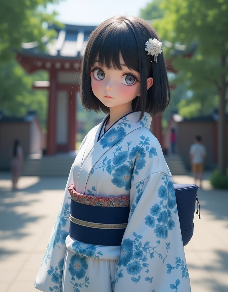 (RAW photo, best quality, masterpiece: 1.2), (photorealistic: 2), (Polish girl, 20 years old, black hair, Light grey eyes, short bob cut, hair in 7 thirds, hair over one ear, bangs, solo, Detailed Skin:1.1), Polish girl wearing a yukata with light navy blue watercolor floral pattern on a white background, navy blue obi, flower hair accessory, small drawstring bag, daytime, standing on the steps leading to a shrine, trees, sky, full body,