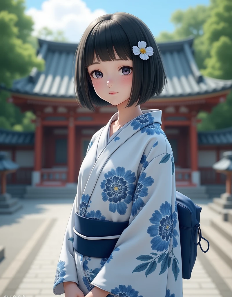 (RAW photo, best quality, masterpiece: 1.2), (photorealistic: 2), (Polish girl, 20 years old, black hair, Light grey eyes, short bob cut, hair in 7 thirds, hair over one ear, bangs, solo, Detailed Skin:1.1), Polish girl wearing a yukata with light navy blue watercolor floral pattern on a white background, navy blue obi, flower hair accessory, small drawstring bag, daytime, standing on the steps leading to a shrine, trees, sky, full body,