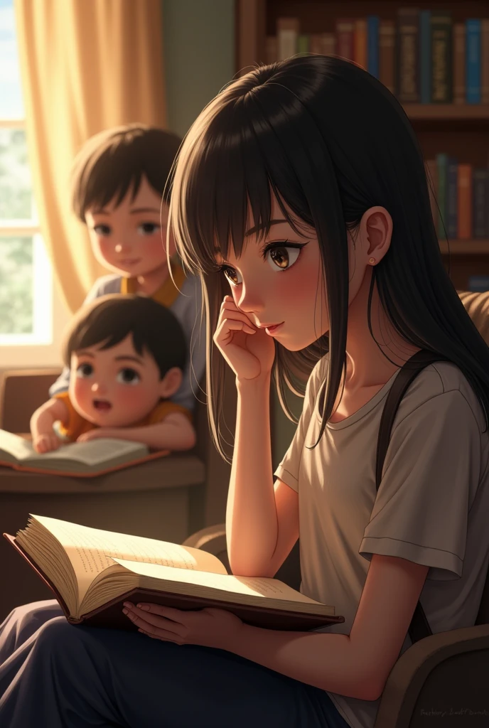 A girl.reading a book with two boys in the background