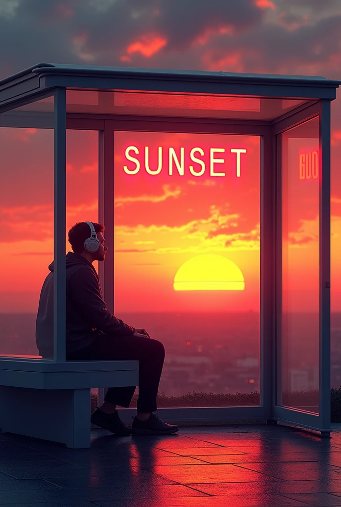 A music album cover written Sunset on electric sign on glass with A man with headphones sitting on a glass bus stop at sunset with a wide view