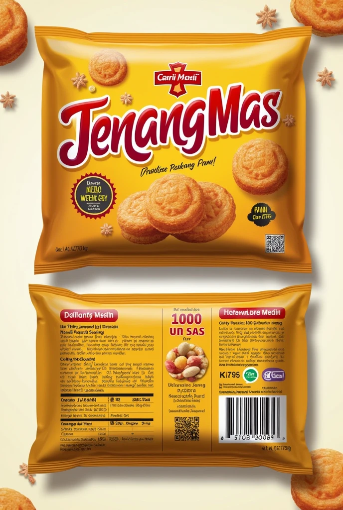 Create a sketch of the front and back packaging design, on A4 paper. With the following segmentation provisions:
1. Jenang snack 2. For ages 7-50 years 3. All genders 4. Prices range from Rp. 5000 5. With local Central Javanese cultural elements 6. Safe and guaranteed nutritional value 7. Product name Jenang Mas 8. Does not contain SARA and does not drop other products 9. Suitable for consumption while relaxing and working 10. Use standard icons 11. using Indonesian language