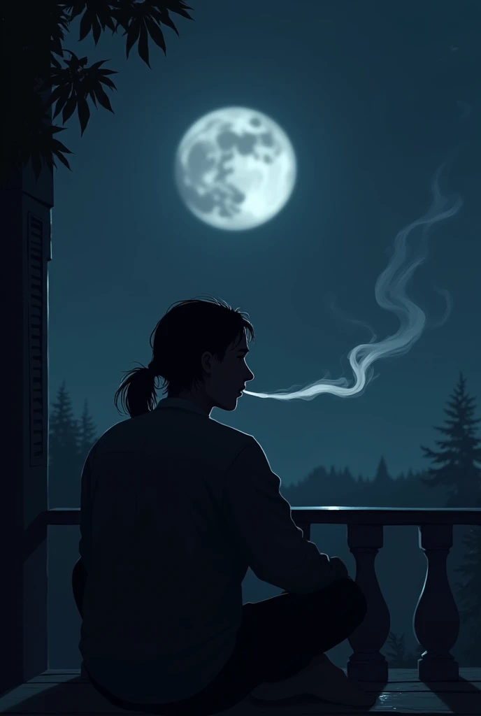 Silhouette of a man smoking,was sitting on the terrace of the house,exhale cigarette smoke,alone,lonely,sadness,suffer,the night,moonlight,medium length hair type,ponytail hairstyle.
