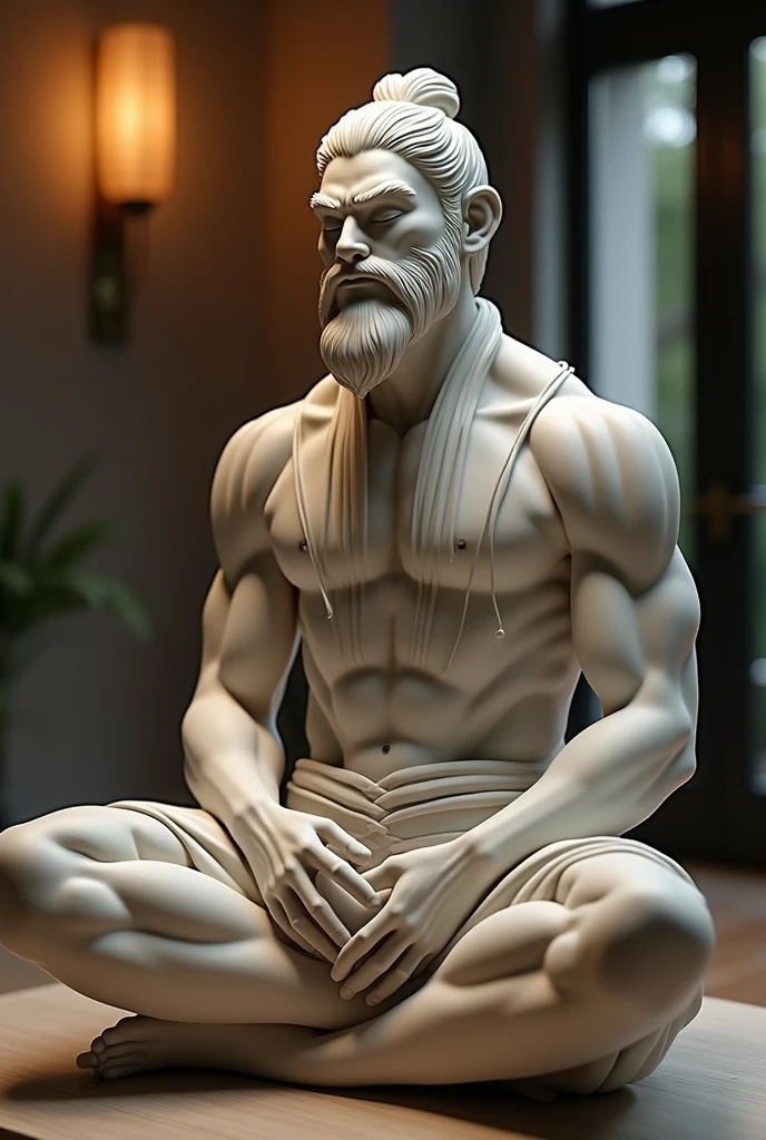 Monkey King Sculpture，Sun Wukong wearing a suit and meditating with eyes closed，Handsome，Model figure，Personification，full body three views，modern Art，Indoor light，Soft tones，Wide-angle lens，Static，meditation，charm。