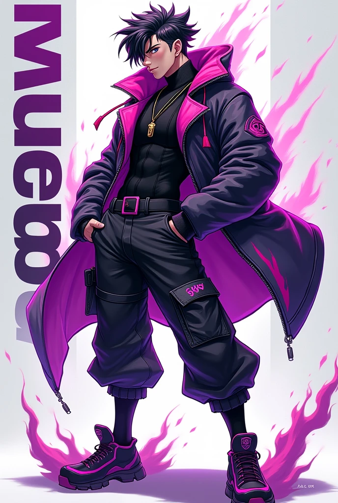 An image of a very flashy and bright male shooter character with the word Gaw and the name positioned straight to the right side of the image with colors between, blackw,branco e roxo