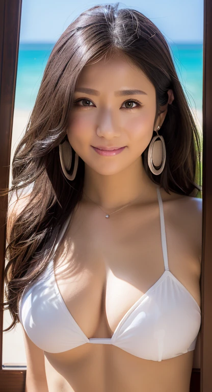 masutepiece, Best Quality, Photorealistic, Super detailed details, finely detail, High resolution, 8K Wallpaper, (1 person woman), Beautuful Women、Korean style makeup、Sharp face、a small face、Hanging eyes、taut breasts、cleavage of the breast、Light brown fluffy long hair, (Overwater cottages in the Maldives,Crystal clear sea seen from the window, Views with white sand beaches and palm trees)、Highly detailed background、sharp focus, Perfect dynamic composition, Beautiful detailed eyes, Detailed realistic skin texture, Smiling, in a street、brown pupils、Swaying earrings、 Necklace、Show armpits、large breast