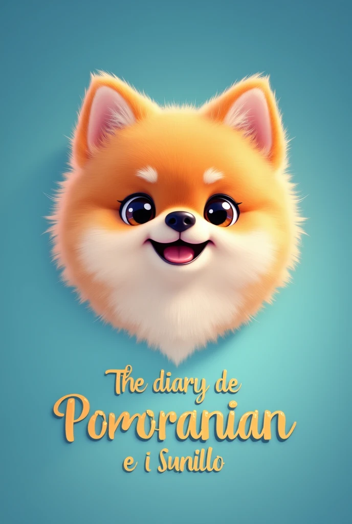 Animated image of cute pomeranian dog face with title in Spanish "The diary of my faithful friend" with elegant and stylish font and blue gradient background