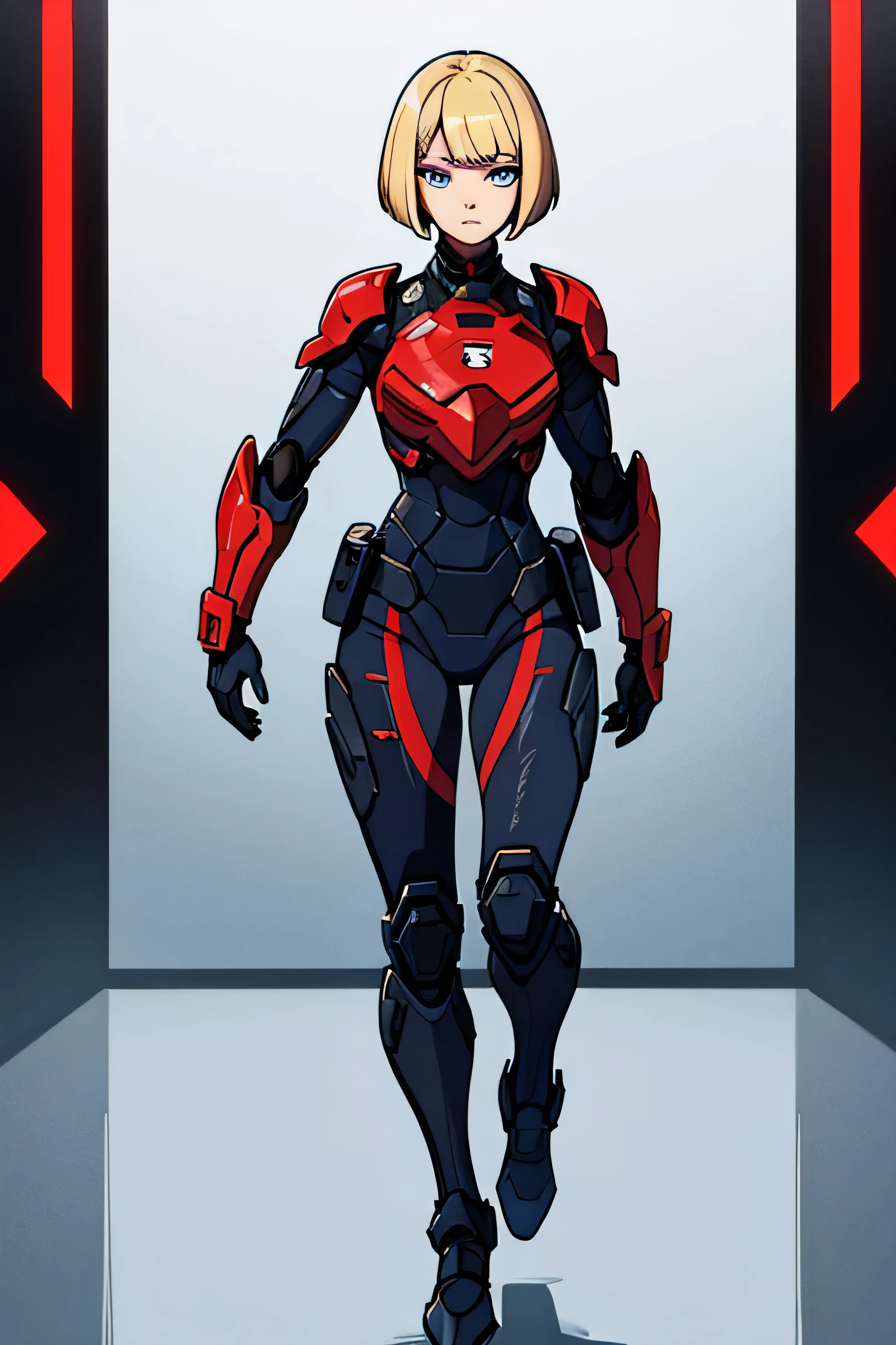 digital illustration of a girl of 18 years old, she is very tall 1.81 height, with super short haircut blonde hair in pageboy haircut style and blue intense eyes. She is wearing a technological military suit armor in full black and red details. The suit style is clean and detailed, with a focus on the character's confident and composed expression. full body large image