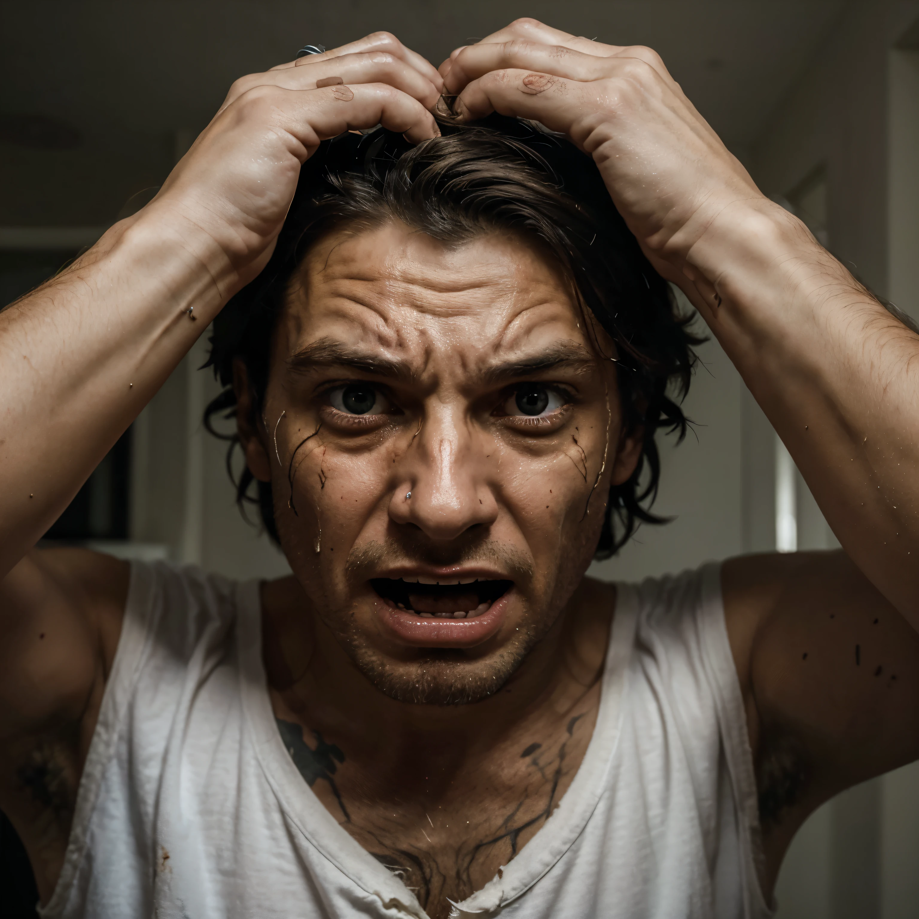 (portrait) of a man in (fear) (distressed) (freak out) (realistic) (real) (whole face) (real) (reality) (lightened) (clear image) (confused)