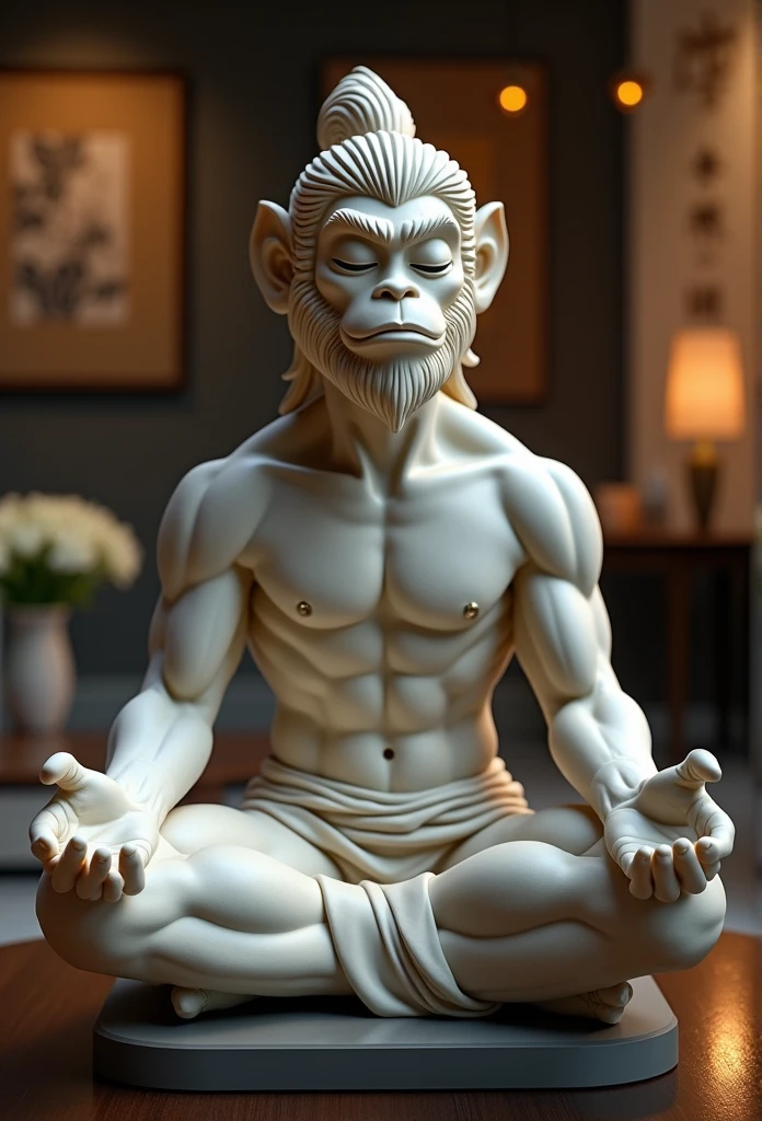 Monkey King Sculpture，Sun Wukong wearing a suit and meditating with eyes closed，Handsome，Model figure，Personification，full body three views，modern Art，Indoor light，Soft tones，Wide-angle lens，Static，meditation，charm。