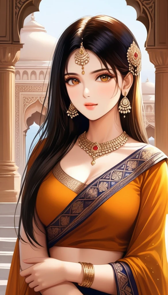 best quality,highres,realistic:1.37)india's most beautiful lady,digital art wonders,princesscore,realistic historical fiction,charming detailed eyes and lips,fierce expression,historical attire,richly embroidered clothing,gold jewelry,dark wavy hair cascading down her back,flowing colorful silk saree,ornate palace in the background,historical architecture,detailed hand gestures,light amber candlelight,soft shadows and highlights,delicate facial features,meticulous attention to detail,subtle nuances of emotion,depth and richness in colors,expressive eyes that convey a sense of longing and strength,royal elegance and regal pose,graceful and confident stance,traditional henna patterns on her hands and feet,dusky complexion that glows in the warm light,realism with a touch of fantasy,impressive artistry,digital brushstrokes,soft and dreamlike ambiance,ethereal beauty,rich cultural heritage,indian independence day and folklore blended with contemporary digital techniques,masterpiece painting,pristine skin complexion,gorgeous traditional makeup,ornamental hair accessories,vibrant colors with a touch of darkness,dark white and light amber color palette,evocative and captivating art that tells a story,attention to historical accuracy while adding a touch of imagination,detailed background with architectural elements and intricate designs,deep emotional connection with the viewer.,big breasts, earrings