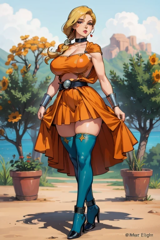 masterpiece, of the highest quality, dq blanca, single sheet, earrings, choker, orange cape, (green dress), belt, socks, heels, looking at the viewer, big breasts, stockings, hig heels,gigantic breasts