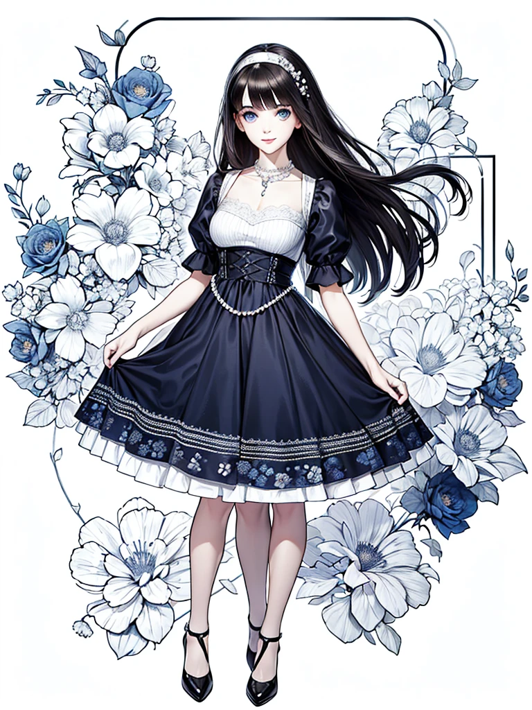 Pale, smooth skin Long, straight black hair Bright blue eyes Clothing A red and blue dress, with a full skirt and a tight breastplate A wide belt that would accentuate her waist A bodice with lace or floral details Brown or black leather shoes, with a simple but elegant design A pearl necklace or a simple headband that complements your natural beauty Face Thin, arched eyebrows, with an expression of sweetness and kindness Big blue eyes, with long, curved eyelashes Small, straight nose Red, full lips, with a sweet and charming smile