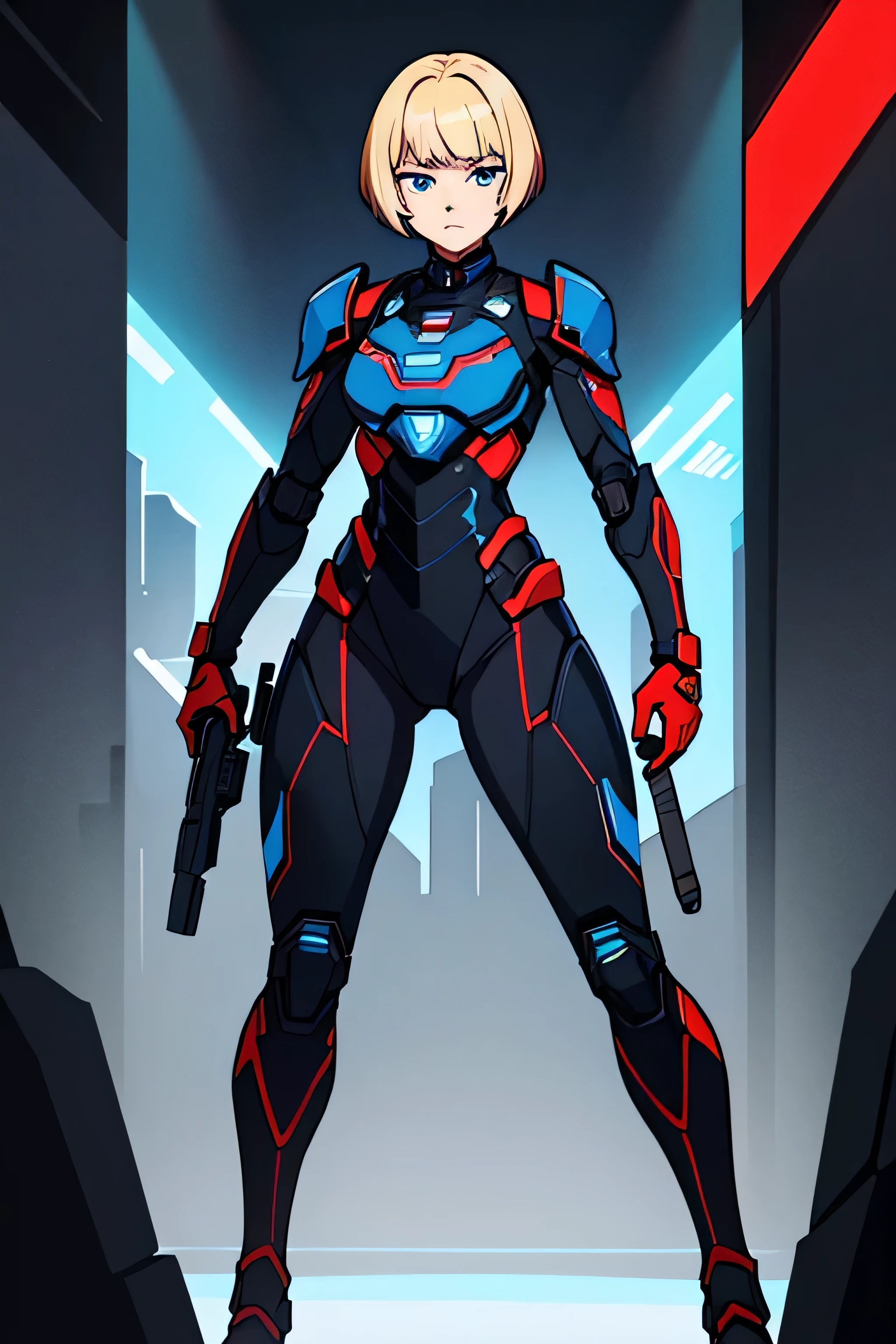digital illustration of a girl of 18 years old, she is very tall 1.81 height, with super short haircut blonde hair in pageboy haircut style and blue intense eyes. She is wearing a technological military suit armor in full black and red details. The suit style is clean and detailed, with a focus on the character's confident and composed expression. full body large image