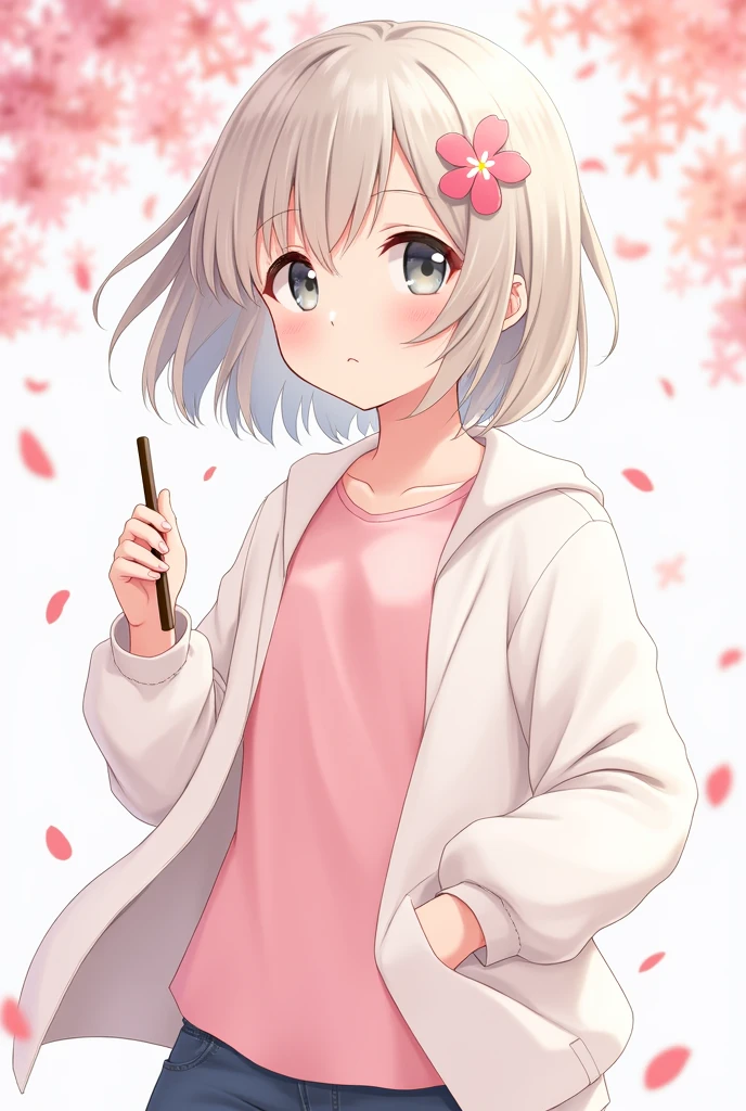 Female characters、Anime-style illustrations、A small cherry blossom decoration in her hair、With a background of falling cherry blossom petals、Pink T-shirt and white jacket、He has a small stick in his hand、Soft colors、Soft pastel color design、Gentle and warm atmosphere、A smile。Facial expressions that convey positive energy、Hair blowing in the wind