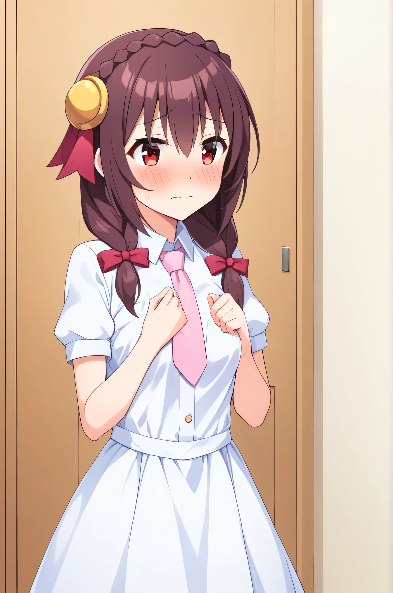 alone, One person, Yunyun, ♥、 (blush:1.5)、Crown braids of the same color as your hair、hair ornaments, Hair Ribbon, Pink tie, White dress, Dressing room、Embarrassed look、Standing、Slightly larger breasts