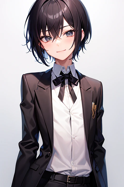 Highest quality, Androgynous male,Cute face,Flat Chest,Black Hair,Short Bob Cut,Classy jacket,Bolo tie,White sleeved shirt,Smiling shyly, Blushing, Character portrait,
