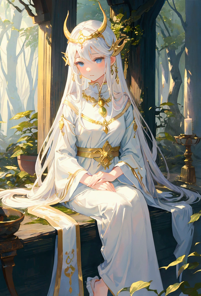 A charming anime illustration showing a serene and ethereal girl，She has long flowing white hair，blue eyes，fair skin，Gold necklace，Wearing an exquisite white Greek-style robe，Hand holding gold horn helmet，Sitting in the mysterious forest facing the audience。Depth of Field，A harmonious blend of soft ambient lighting and lush greenery and dreamy elements in the background，Highlights the charming atmosphere。her calm and graceful posture，With a gentle expression，Create a tranquil and otherworldly atmosphere，As if captured from a timeless fairy tale。