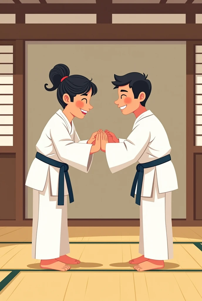 Simple cartoon style illustration of martial artists greeting each other in a dojo