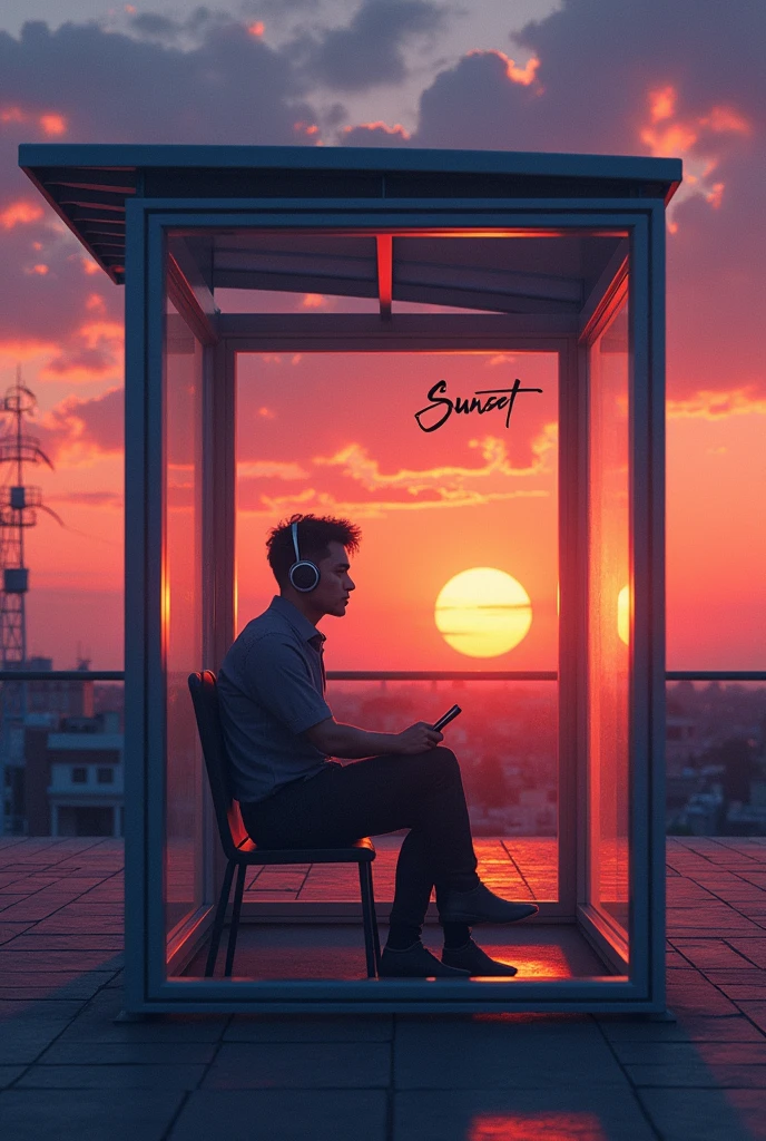 A music album cover written Sunset on a bus sign on the glass with A man with headphones sitting on a glass bus stop at sunset with a wide view