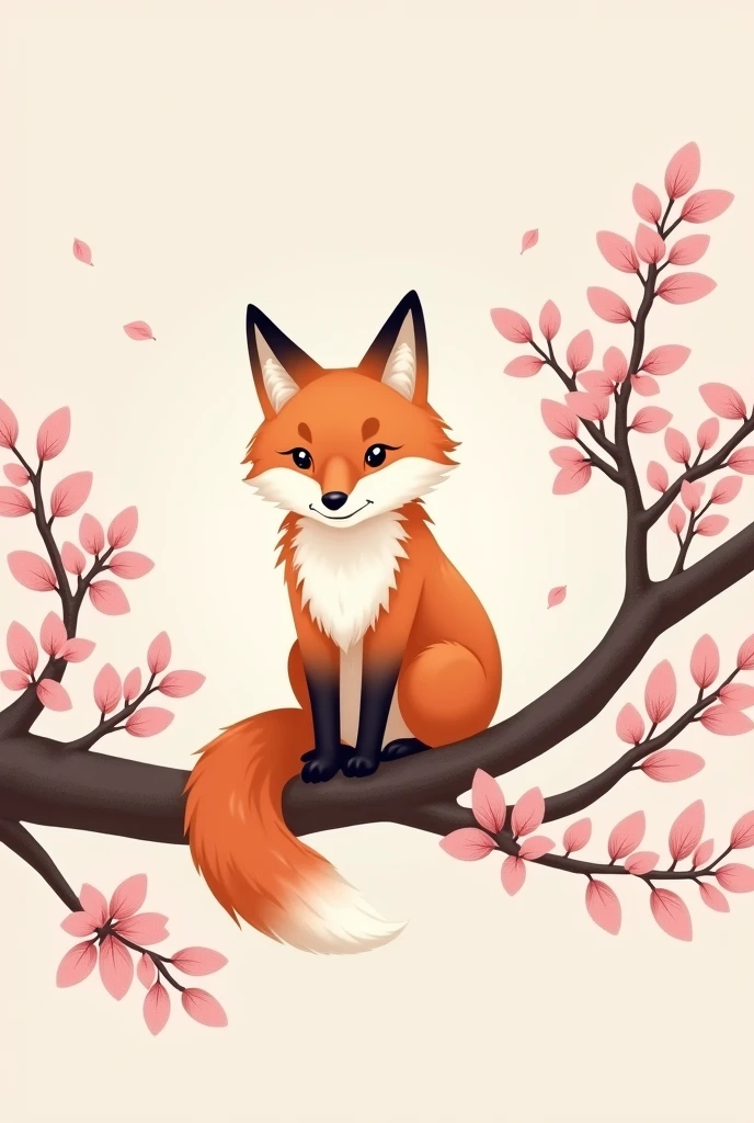 Fox sitting on a sakura tree but make it easy to draw on a canvas, but still give the nice texture for the leaf