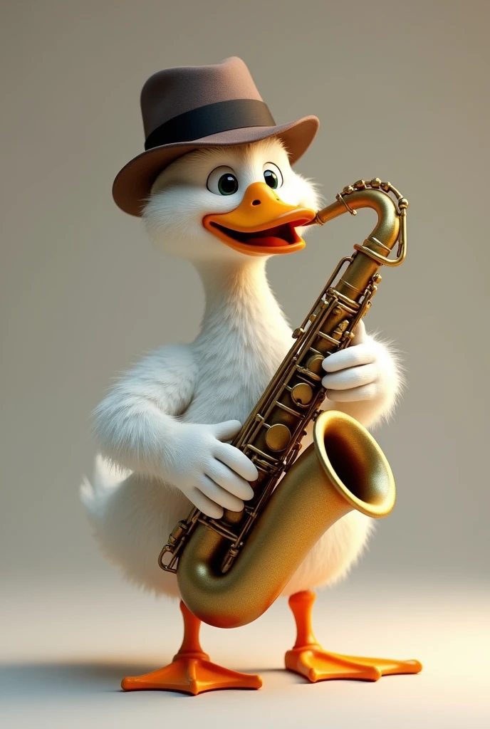 Realistic looking male duck with an animated twist, with hat playing alto saxophone Well detailed