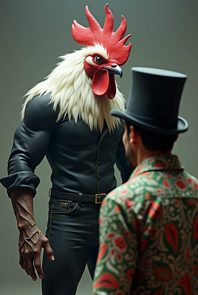 strong and avenging rooster on a human body wearing a black and white blouse staring at a man who is wearing a top hat and wearing a green red and white blouse