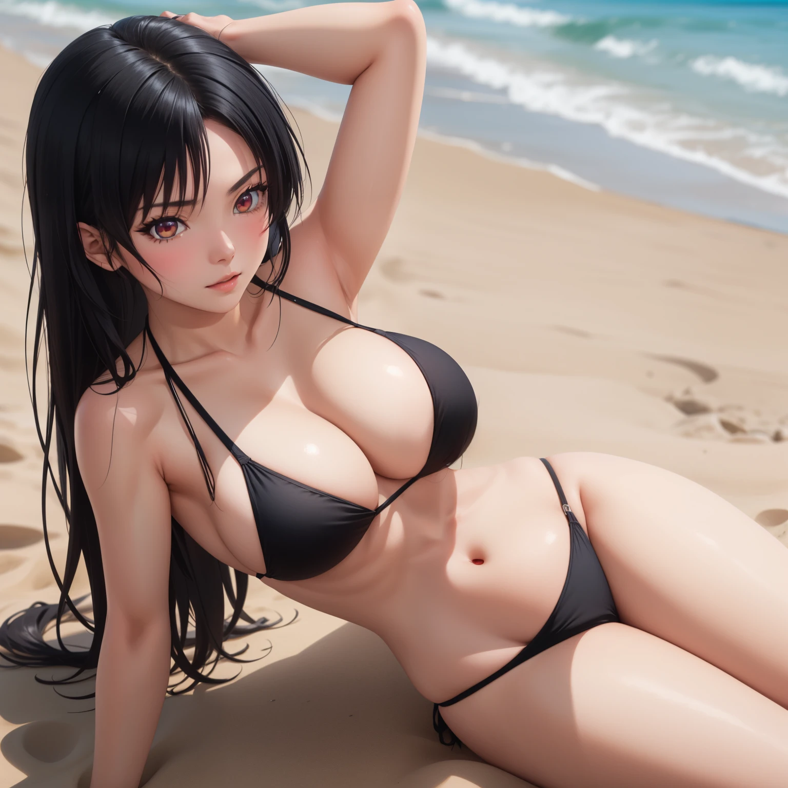 Suzune Horikita, Woman 25 years old, straight black hair , Red eyes, Pale skin, big breasts, bikini, background a beach.