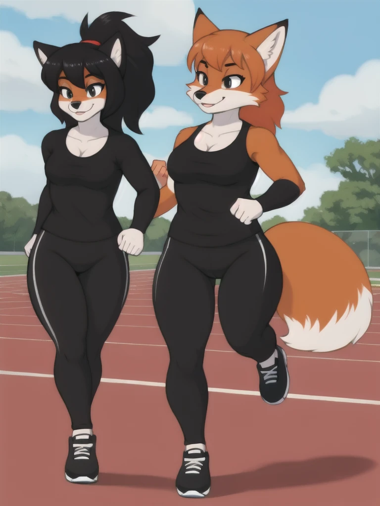 Furry, fox, female, black shirt, black leggings, shoes, running track, friends, full body