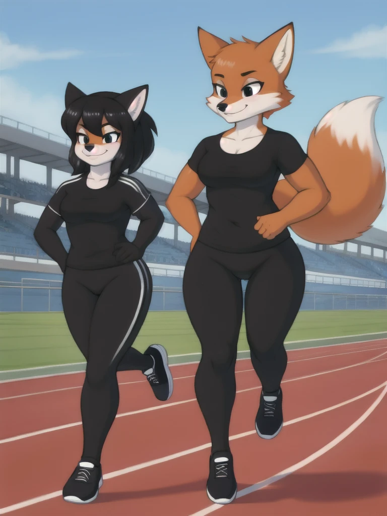 Furry, fox, female, black shirt, black leggings, shoes, running track, friends, full body