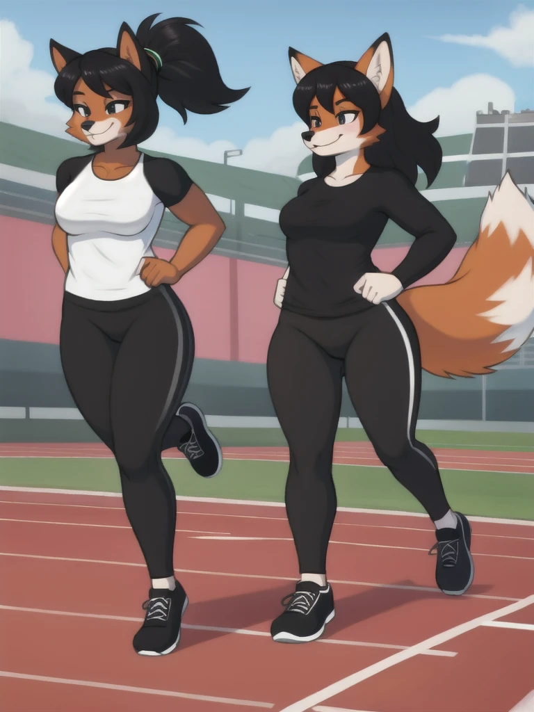 Furry, fox, female, black shirt, black leggings, shoes, running track, friends, full body