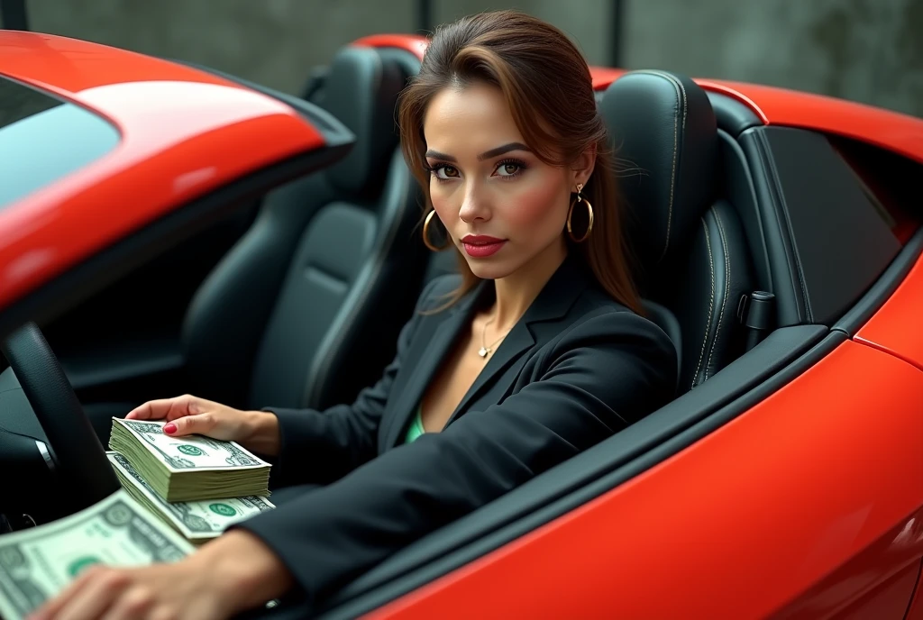 gorgeous woman, businesswoman, in a lamborghini, full of dollars