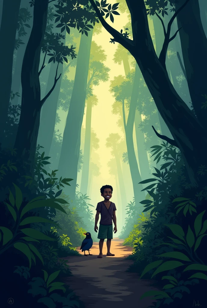 A digital illustration of Ali nearing the edge of the jungle. In the distance, a faint light is visible, representing the way out. Ali is standing with a look of relief and hope, his face illuminated by the soft glow ahead. The bird is still nearby, watching as Ali prepares to leave the dark forest. The atmosphere is lighter now, with a hint of dawn breaking."