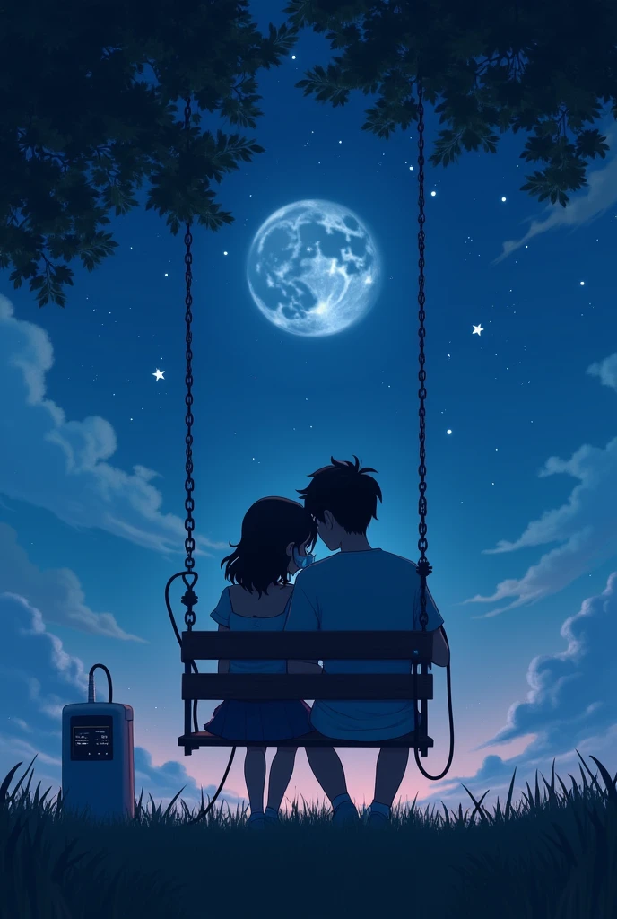 A couple sitting on a swing on a hill at night watching the big bright stars, Next to the girl is an oxygen pump and the tubes from that oxygen pump go to her nose so that the oxygen pump appears.