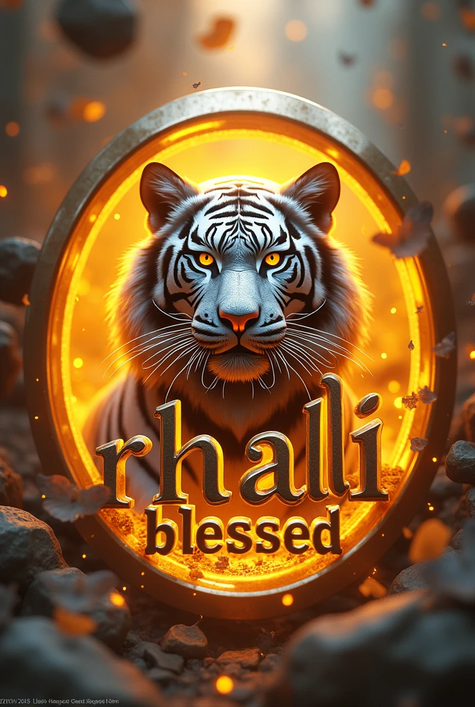 3D logo with name written "RHALI BLESSED" there is a silver TIGER image behind the writing, The round shape of the fence thorns and the writing or image does not go outside the round circle so that it remains neat, emboss effect, stainless steel, artistic elegance, glowing efek.auto focus, yellow highlighter logo color, background color BRIGHT