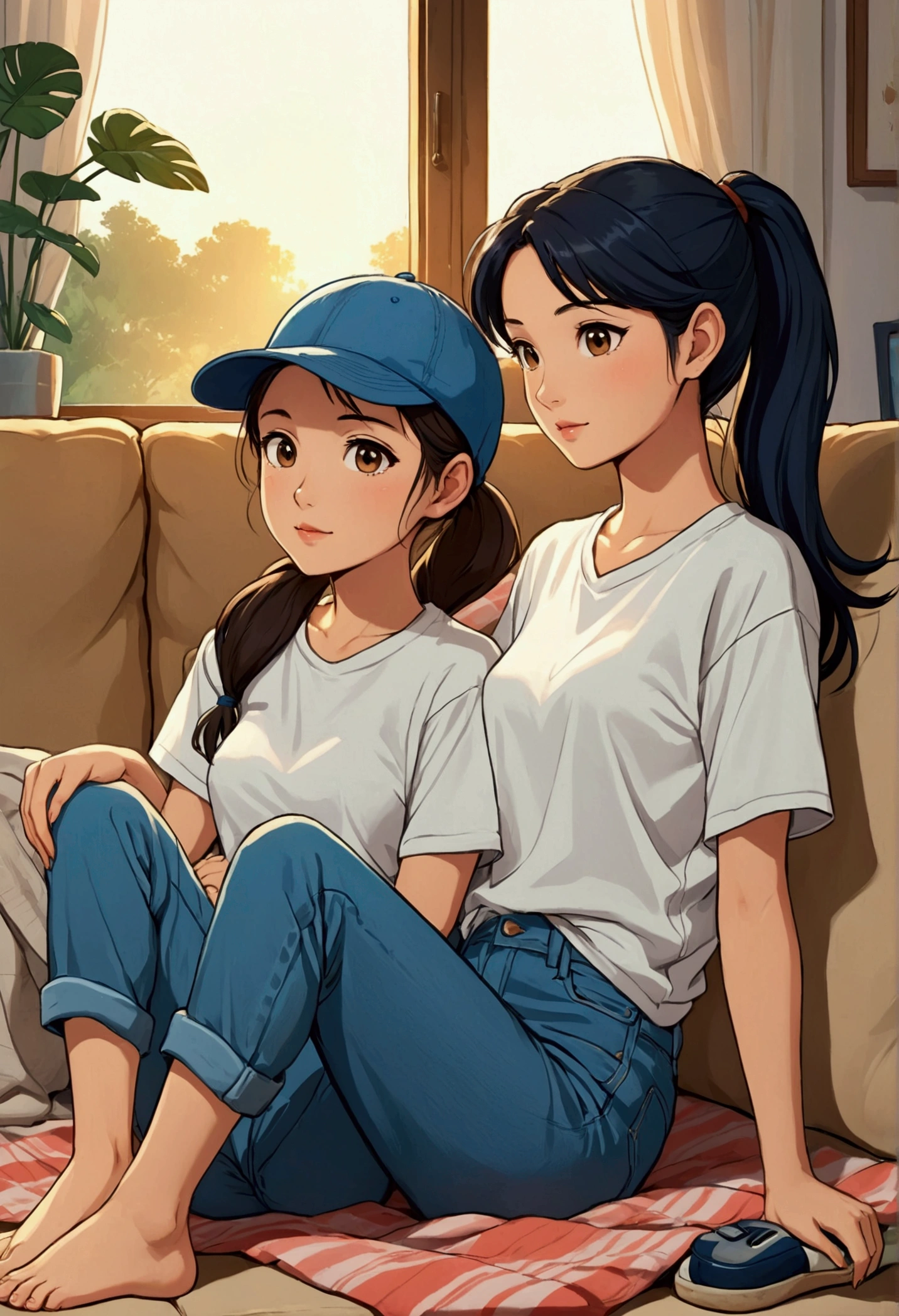 create an idyllic image in Anime/Comic style of two young women in love, sitting on a couch watching television, one is a beautiful Asian with long black hair tied in a ponytail and is wearing a petrol blue baseball cap, a white t-shirt and blue jean shorts, she is barefoot. Next to her is her love, a beautiful British woman with semi-short light brown hair who is dressed in a light short-sleeved t-shirt and light wide long pants, she is barefoot too, they are enjoying the moment together, relaxed, they share a blanket with much love and tenderness.