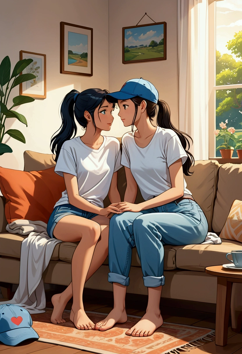 create an idyllic image in Anime/Comic style of two young women in love, sitting on a couch watching television, one is a beautiful Asian with long black hair tied in a ponytail and is wearing a petrol blue baseball cap, a white t-shirt and blue jean shorts, she is barefoot. Next to her is her love, a beautiful British woman with semi-short light brown hair who is dressed in a light short-sleeved t-shirt and light wide long pants, she is barefoot too, they are enjoying the moment together, relaxed, they share a blanket with much love and tenderness.