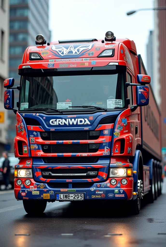 Vehicle mode, lorry red blue  . Lot of sticker stripe on the lorry. 