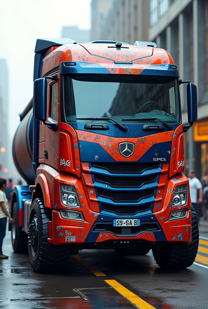 Vehicle mode, lorry red blue . Lot of sticker stripe on the lorry.