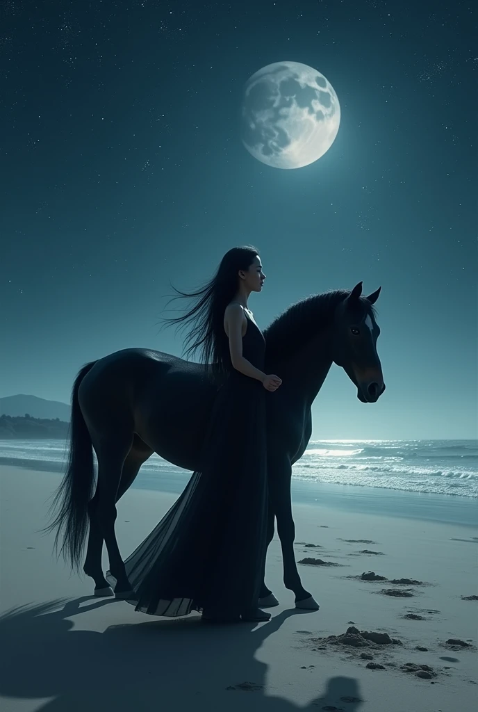light skinned woman with long black hair wearing a black dress walking with a long-maned black horse on a deserted beach on a starry night with a full moon