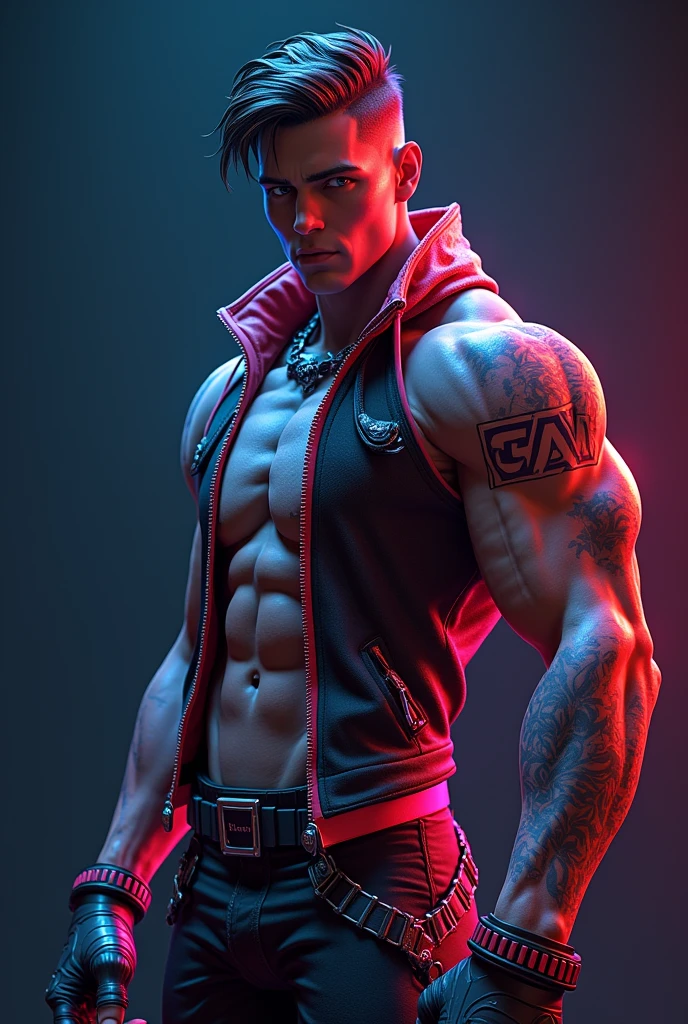 An image of a very flashy and bright male shooter war game character with the word Gaw and the name position is straight to the right side of the image with colors between, blackw,branco e roxo
