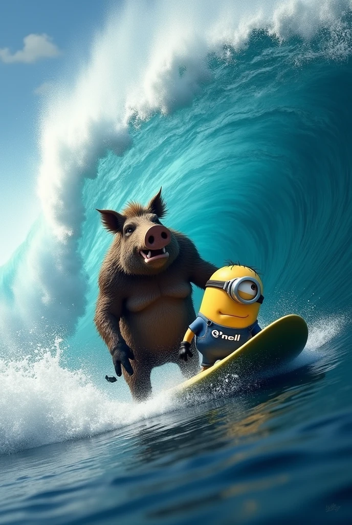 Une vague enorme ou surf un sanglier avec une vrai planche de surf et un minion qui surf sur la meme vague a côté avec une vrai planche de surf et le minion porte une combinaison de surf adaptés avec marqué sur le torse de sa combinaison : O'NEILL