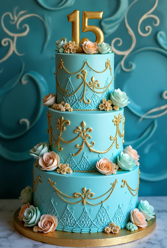 create a 15th birthday cake for a girl named ariane , with two colors, the main color is tifany blue and the second is gold, the details are based on princess jasmine, but not a direct reference